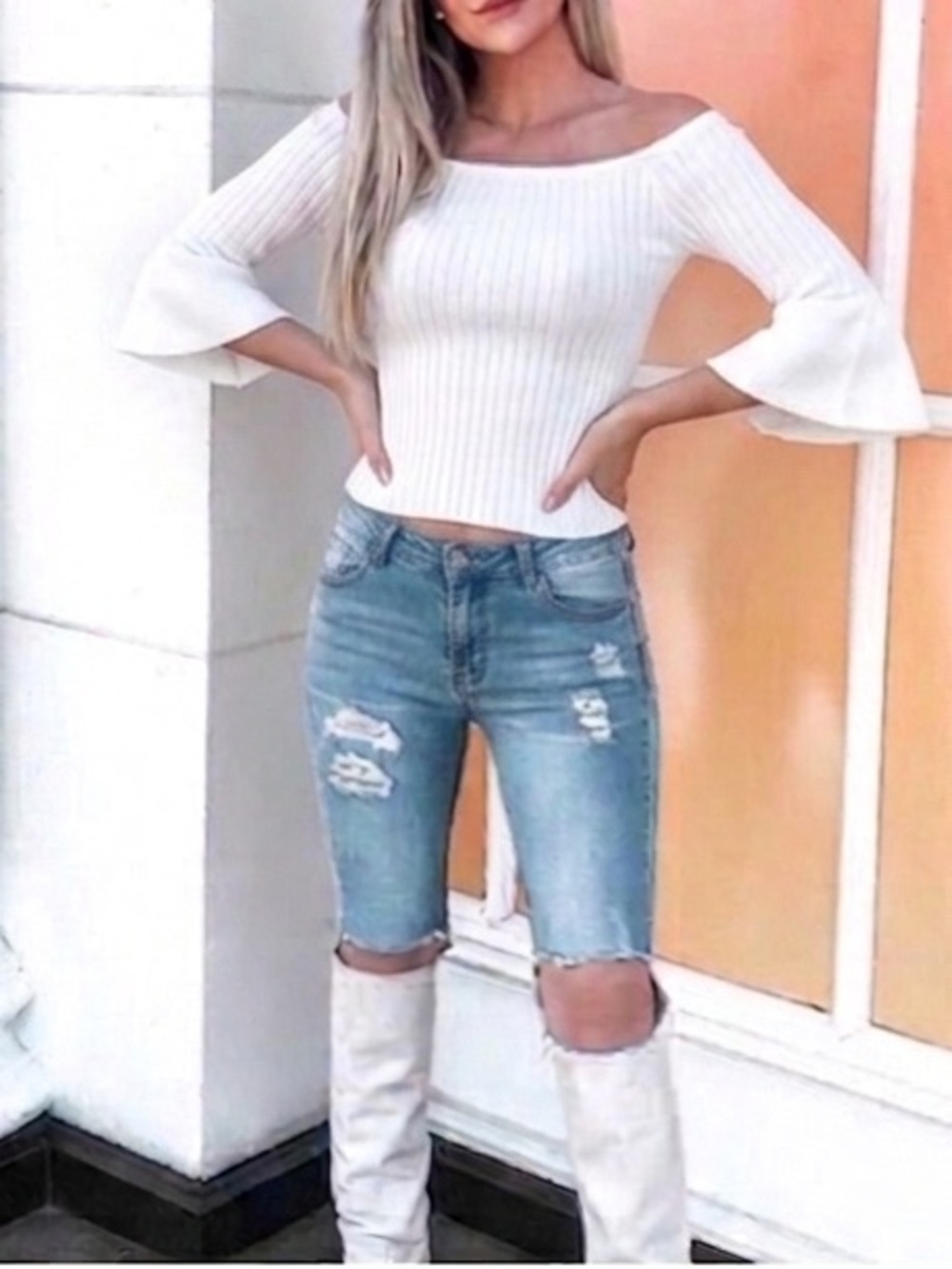 Forever 21 White Off-Shoulder Ribbed Bell Sleeve Top